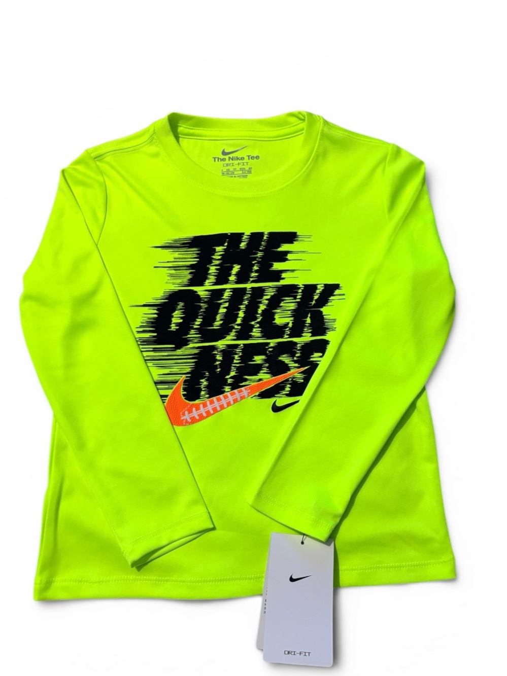 Nike Kids Long-Sleeve Graphic Tee in Volt with Black and Orange Accents